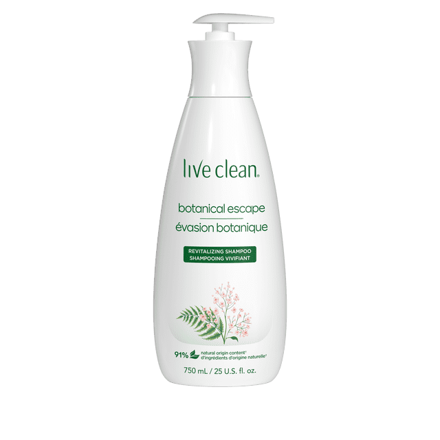 Live Clean Botanical Escape Shampoo in a white 750 mL pump bottle with green text and floral illustration, featuring 91% natural origin ingredients, cruelty-free, vegan, hypoallergenic, and dermatologist tested for gentle, revitalizing hair care.