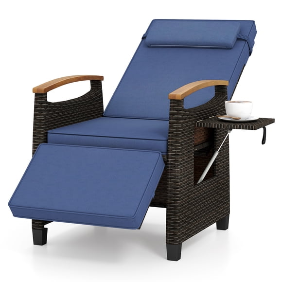 Gymax Patio Rattan Lounge Chair PE Wicker Recliner Chair w/ Adjustable Backrest & Footrest Navy