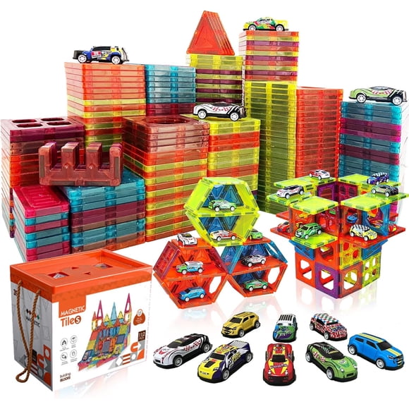 Magnetic Tiles Parking Building Playset with 10 Pull-Back Metal Cars for Kids Construction STEM Toy Preschool Creativity Learning Birthday Gift for Girls Boys Toddlers 3 4 5 6 7 8