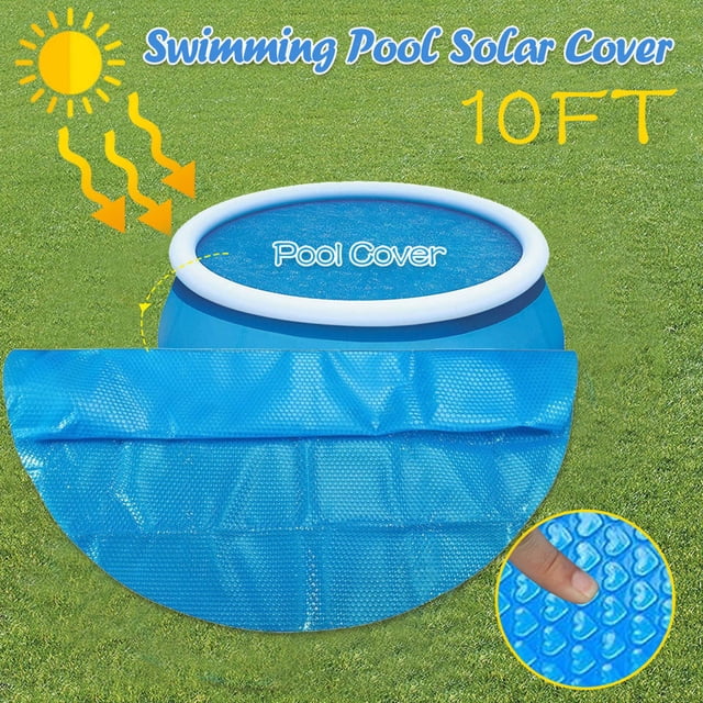 Pisexur Protecteur de Couverture de Piscine Ronde 10 Pieds hors Terre Protection Bleue Piscine. une Couverture Solaire Bleue durable Conçue pour les Piscines Rondes hors Terre de 10 Pieds, Fabriquée en Vinyle Texturé pour Réduire l'Évaporation de l'Eau, Conserver la Chaleur et Protéger contre les Débris. la Couverture Est Exposée sur une Piscine dans une Zone Extérieure Gazonnée, avec un Gros Plan de Sa texture à Bulles pour l'Efficacité de Chauffage Solaire.