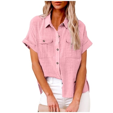 fheaev Button Up Shirts For Women Roll Up Short Sleeve Button Down Cotton Linen T-Shirts With Pocket V-Neck Work Tunics Blouse Collared Tops