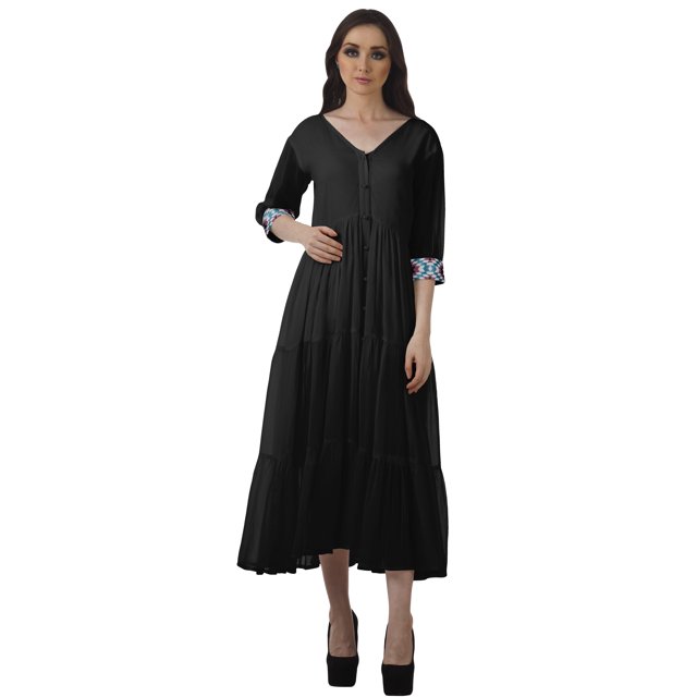 Moomaya Robe à Étages Boutonnée Robes Femmes Unie Grande Taille Robe