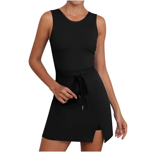 Dealovy Combinaisons Courtes pour Femmes Athlétiques Sans Manches Robe de Tennis avec Shorts Intégrés Été Taille à Cordon Robes Mini