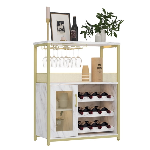 PIONEERWORKS 3-Tier Wine Bar Cabinet with Detachable Wine Rack and Storage Space, Buffet Cabinet with Glass Holder and Mesh Door, Sturdy MDF Construction for Dining Room Bar & Kitchen