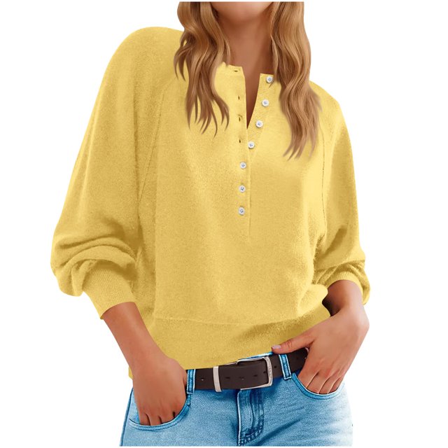 Longs Chandails pour Femmes Mode pour Femmes Col Rond à Boutons Manches Longues Hauts Unis Chandail à Enfiler Chandail Tendance et Confortable Vêtements d'Hiver Chandails d'Hiver pour Femmes