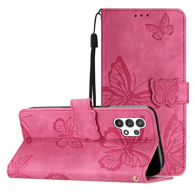 Compatible avec Samsung Galaxy A32 5G Étui Gaufré Papillon Rose, Fabriqué en Cuir PU de Haute Qualité. Cet Étui Portefeuille Comprend Trois Fentes pour Cartes, une Poche pour Argent et une Fermeture Magnétique pour un Rangement Sécurisé. Il Offre une protection Intégrale, Couvre les Bords et le Dos du Téléphone, et Présente un Support pour une Vision Mains Libres. le design Gaufré Papillon Ajoute un Style Élégant et Stylé.