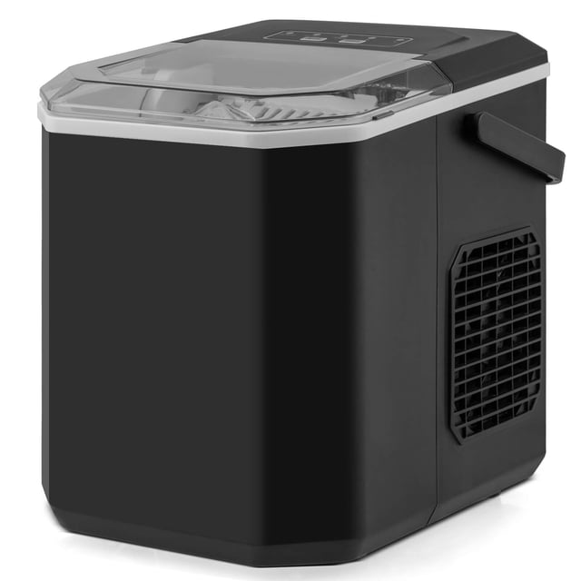 Costway Countertop Ice Maker Portable Ice Making Machine in black with a sleek design. Produces 9 bullet-shaped ice cubes in 6-13 minutes per cycle, with a daily output of 26.5 lbs. Includes a user-friendly control panel, self-cleaning function, and a carrying handle for portability. Ideal for kitchens, parties, and outdoor events, offering selectable ice sizes for various beverages.