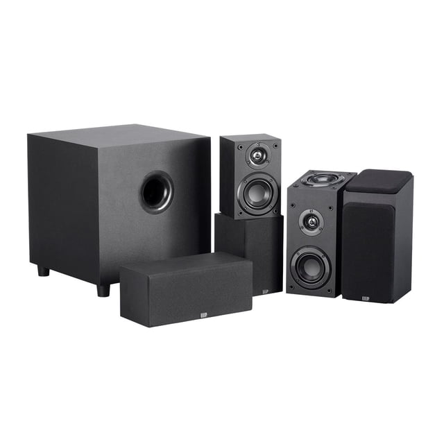 Monoprice Premium 5.1.2 Channel Immersive Home Theater System with Subwoofer, designed for Dolby Atmos compatibility with compact satellite speakers featuring upward-firing drivers for immersive audio. Includes a powerful 8-inch downward-firing subwoofer with a 200-watt amplifier, ideal for multidimensional soundtracks and compact home theater setups.