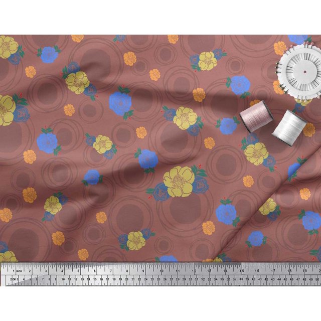 Soimoi Brown Modal Satin Fabric Circle,Leaves & Floral Hand Drawn Printed Fabric 1 Yard 42 Inch Wide