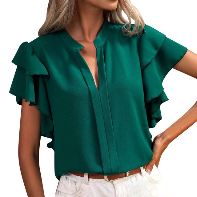 Hiiyo Chemisier à Manches à Volants à Col en V pour Femme, Blouse Polyvalente Décontractée d'Été, Vert TG