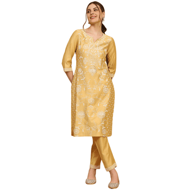 Biba Rangriti Ensemble Kurta et Pantalon Ethnique Indien (Festive Glam 22451), Jaune, Taille 38