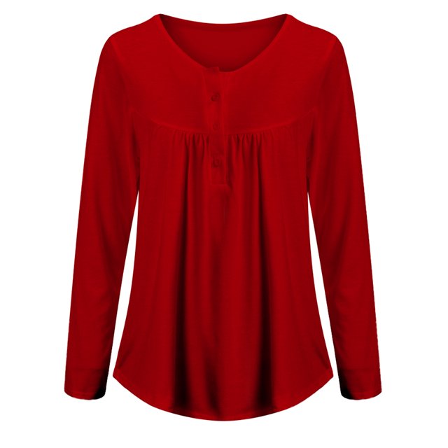DYMADE Women's Solid Henley V-Neck Blouse Pleated Button Tunic Shirt Top