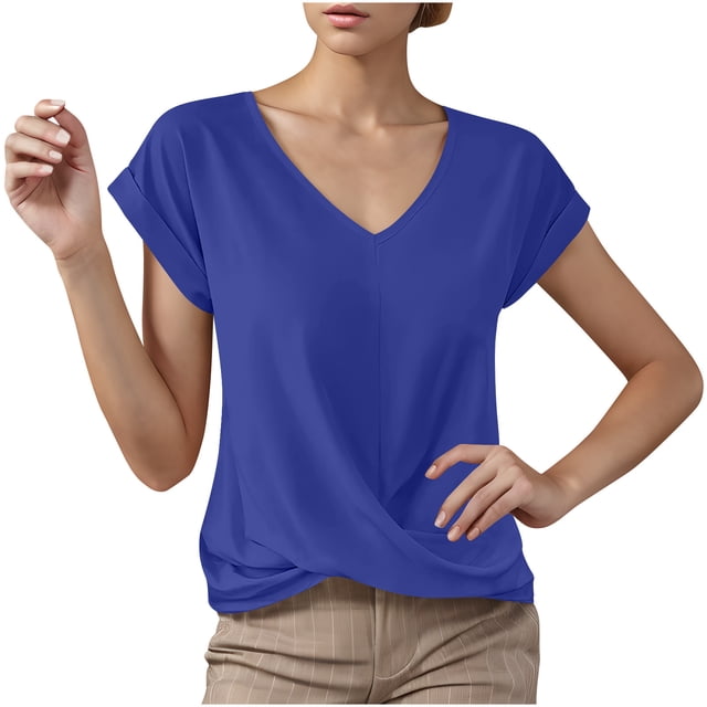 Summer T Shirts for Women V-Neck Short Sleeve Casual Tops Solid Color Basic Tees