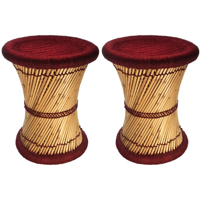 Natural Geo Moray Accent Stool (Set of 2) - Handwoven Maroon
