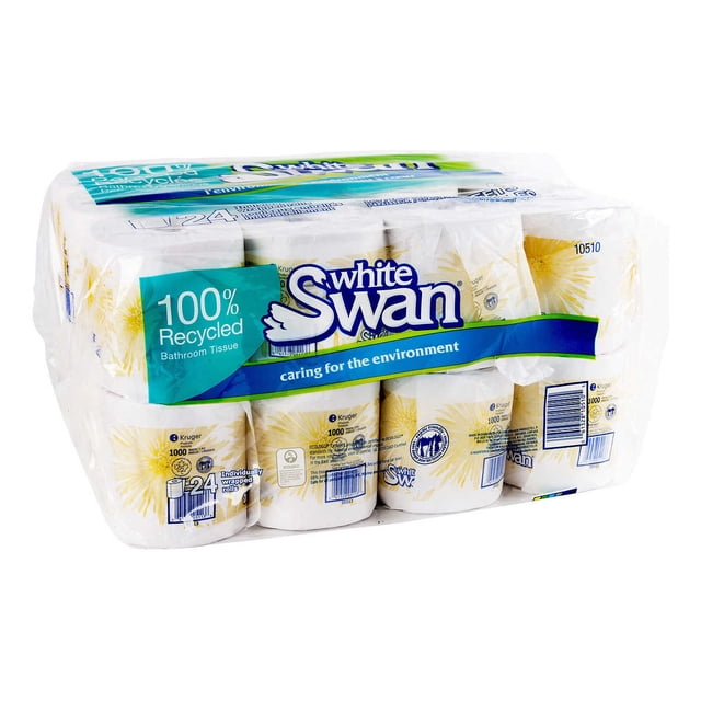 Swan 1-ply Individually Wrapped Bathroom Tissue Rolls, 24-pack. The package contains 24 rolls of 1-ply toilet paper, each roll individually wrapped for hygiene. Made from 100% recycled materials, each roll includes 1,000 sheets with dimensions of 10.7 cm × 10.2 cm (4.2 in. × 4 in.). The packaging prominently displays the White Swan logo and highlights its eco-friendly features.