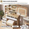 thumbnail image 2 of Vanity Desk Set with 3-Color Dimmable LED Mirror, Sliding Hidden Mirror Design, Built-in Power Outlet, 4 Storage Drawers and Shelf, Cushioned Stool for Bedroom, 2 of 8