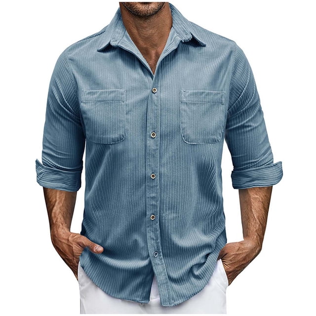 hotojiny Mens Corduroy Button down Shirts Shacket Vintage Textured Long Sleeve Jacket Lightweight Work Shirts with Pockets