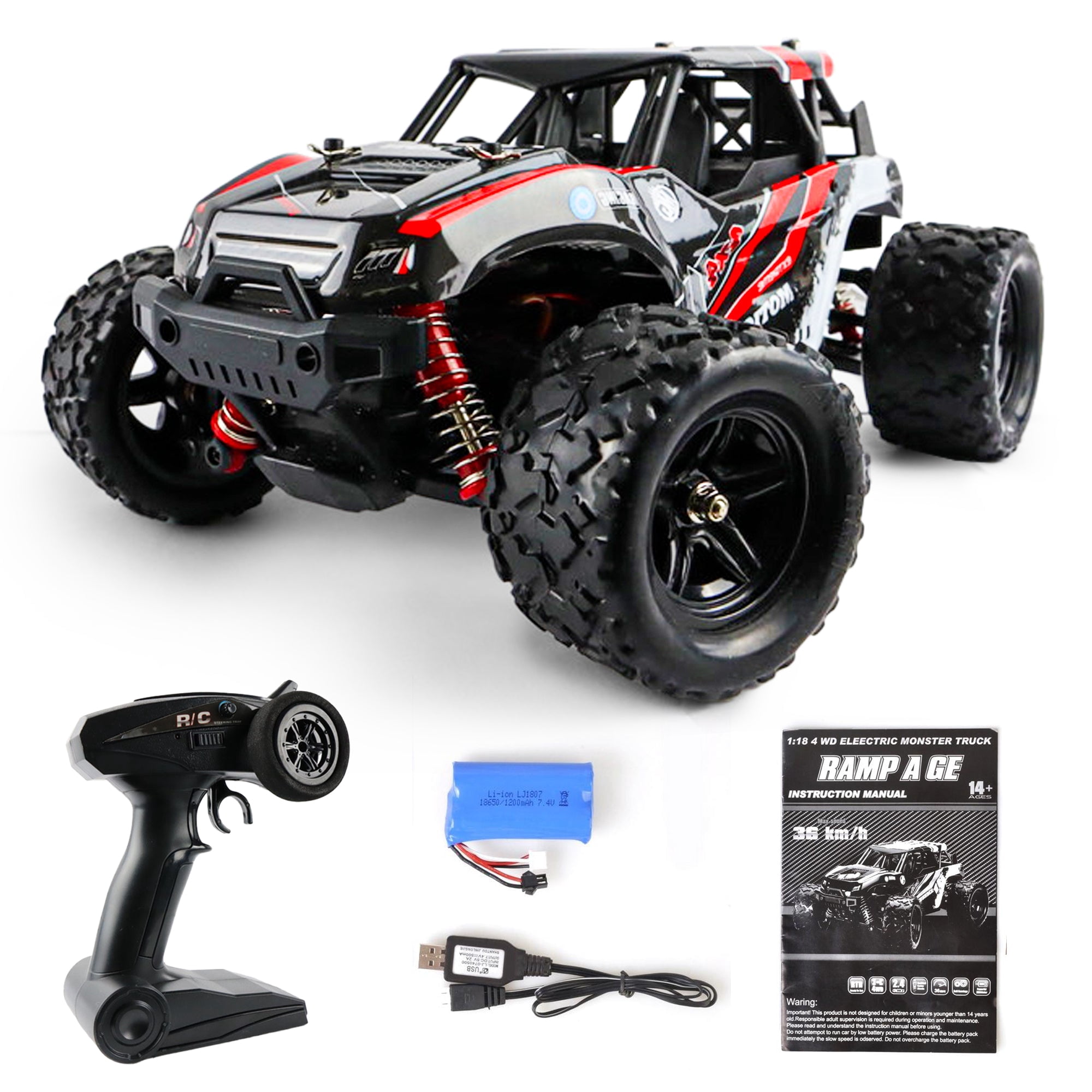 MotionGrey 1:18 Remote Control RC Car High-Speed 35km/h 4WD RC 2.4 Ghz Toy Off Road Monster Truck Buggy All Terrain Red for Adult