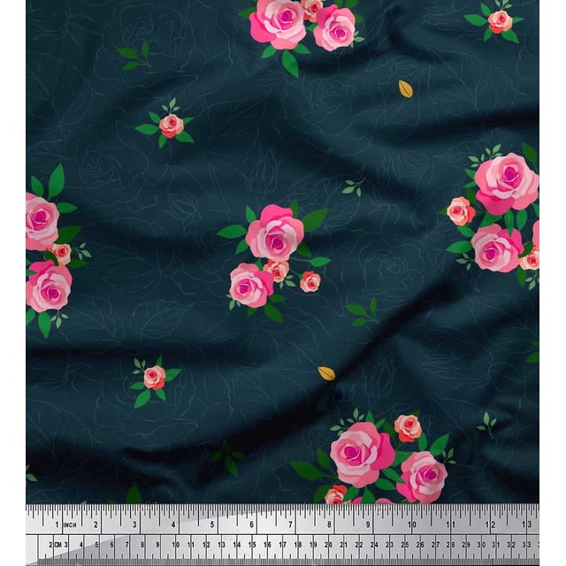 Soimoi polyester Crepe Fabric Leaves & Rose Flower Print Fabric by Yard 52 Inch Wide