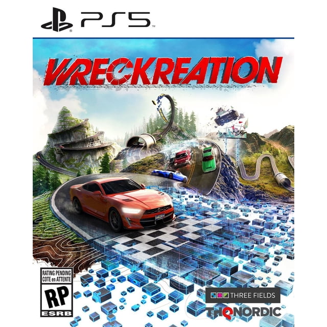 Wreckreation (PS5) cover art showing a red sports car racing on a digital checkered track with other cars performing stunts and crashes on looping mountainous roads in an open world arcade racing game environment.