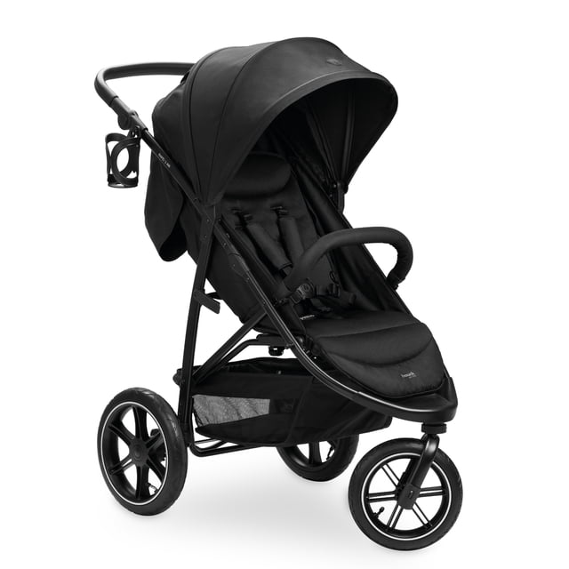 hauck Stroller Rapid 3 Air Reclining Seat, Compact Fold Stroller with Air Tires, Black 3/4 profile of a black three-wheel stroller showing air-filled front and rear wheels with integrated suspension, reclining seat with adjustable 5-point harness and padded shoulder straps, zip-extendable canopy with peek-a-boo window (UPF 50+), height-adjustable handle, one-hand compact fold, under-seat basket and cup holder. Max child capacity 48 lb (55 lb total).