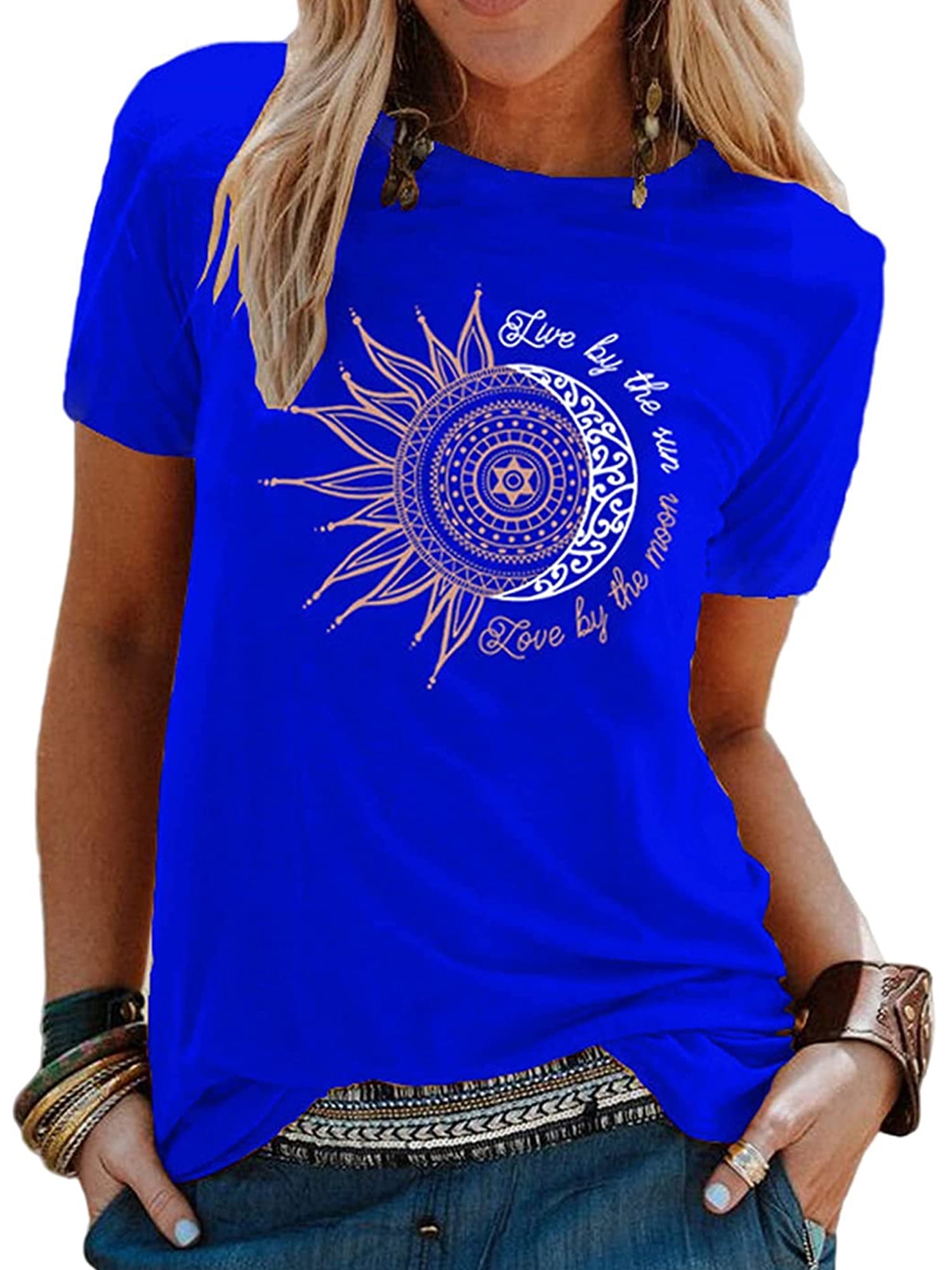 MAWCLOS Ladies Tops Sunflower Print T Shirt Short Sleeve Tee Fashion Work Crew Neck Top Royal Blue M