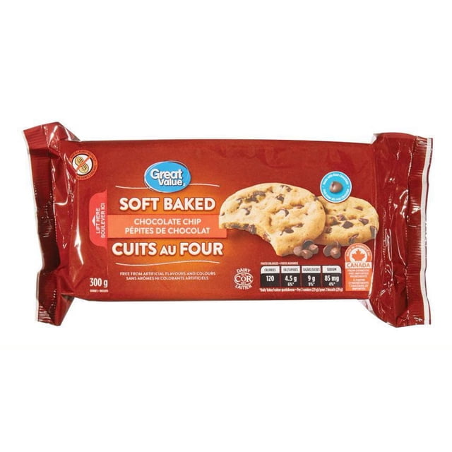 Great Value Soft Baked Chocolate Chip Cookies package showing two soft baked cookies with semi-sweet chocolate chips on a red wrapper, 300g weight, made in Canada without artificial flavours or colours, suitable as a classic snack or cookie jar treat with nutrition facts including 120 calories per serving.