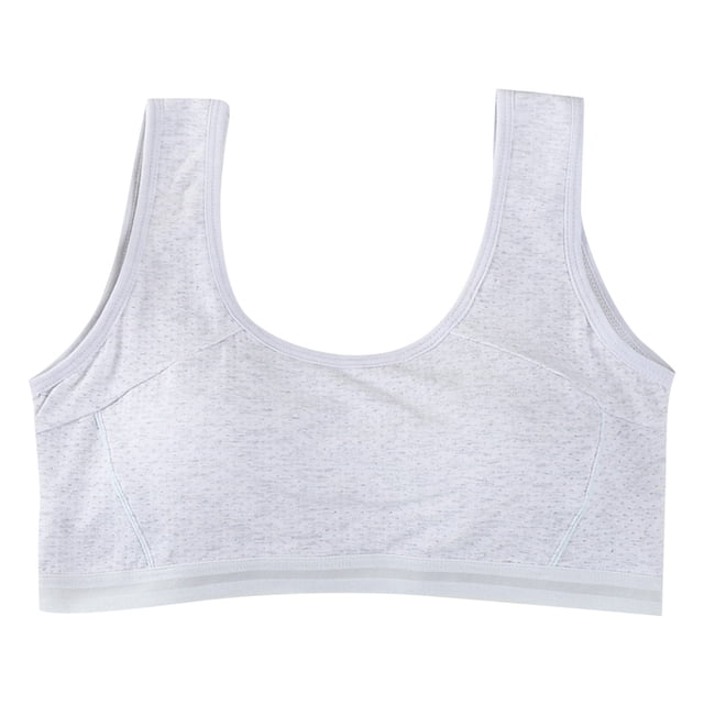 MIASHUI Girls' Cotton Built Up Stretch Sports Bra in grey, designed for ages 10-12 years. This seamless, wide-strap vest-style bra offers exceptional comfort and elasticity, suitable for training, daily activities, or as a sleeping bra. Made from breathable cotton fabric, it features a no-steel-ring design to ensure natural fit and support without affecting development. Ideal for all seasons and versatile for sports or lounging.