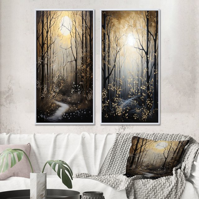 Designart "Forest Tree Monochrome Moonlit Forms II" Tree Monochrome Framed Wall Art Set Of 2 - Gold Floral Framed Canvas Set For Living Room Decor