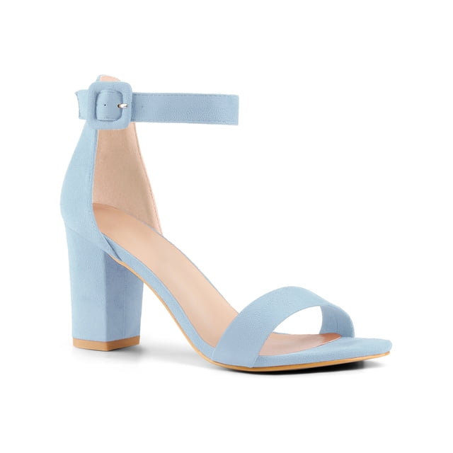 BLISSFUL STEP Woman's Sandals Block Heels Ankle Strap Open Toe Sandals Sky Blue 7.5