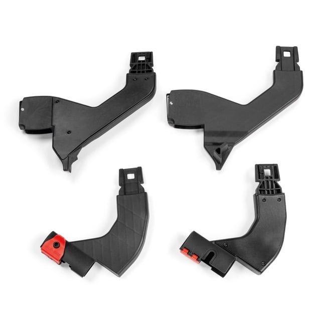 Peg Perego Double Adapters for YPSI/Z4 Strollers, a set of four black adapters with red accents. These adapters include upper and lower sets, designed for Peg Perego YPSI or Z4 strollers. They enable flexible configurations with companion seats, bassinets, or Primo Viaggio 4-35 Nido car seats. Easy to install and maintain, they enhance stroller functionality.
