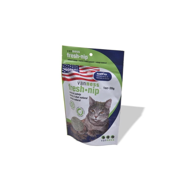 Van Ness Fresh Nip Natural CatNip resealable 1 oz (28g) bag with green and blue packaging, featuring a gray tabby cat and American flag, containing pesticide-free catnip grown in the USA to promote cat exercise and reduce stress, also suitable for use in cat toys.