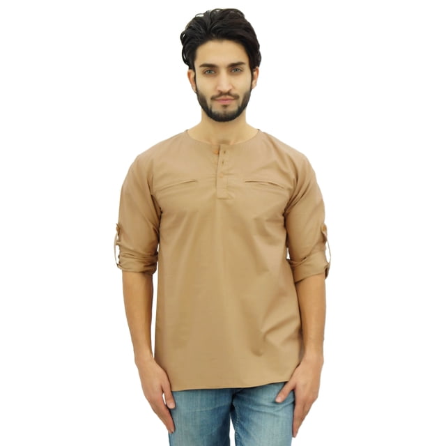 Atasi Kurta pour Homme à Col Rond en Coton, Manches Retroussables, Chemise Brune - XX-Grand