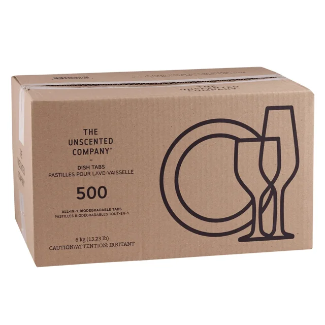 The Unscented Company Dishwasher Detergent, 500-count, featuring all-in-one biodegradable tabs in water-soluble pouches. The cardboard box displays the product name, quantity, and minimalist illustrations of a plate and glassware. Made from over 93% plant and mineral-based ingredients, these tabs are fragrance, dye, phosphate, and chlorine-free, safe for septic tanks, and certified Leaping Bunny and B Corporation. Ideal for pre-soaking, cleaning, and rinsing dishes.