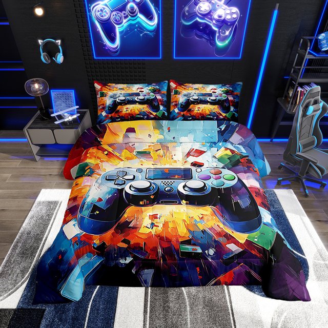 Erosebridal Gamer Comforter Set Full Size Gaming Comforter for Boys Girls Teens Modern Game Console Controller Bedding Set Joystick Room Decor Multiful Quilt Set