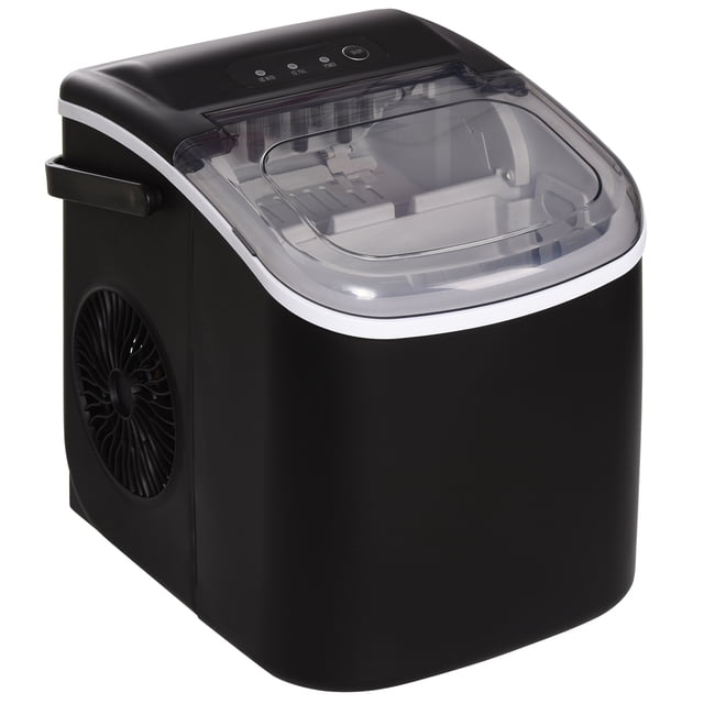 HOMCOM Portable Ice Maker Countertop, Ice Maker Machine in black with a compact design. Features a transparent lid for viewing ice levels, side ventilation, and a control panel on top. Produces up to 26 lbs (12 kg) of bullet-shaped ice daily, with nine pieces ready every 6-12 minutes. Includes a basket and scoop for convenience.