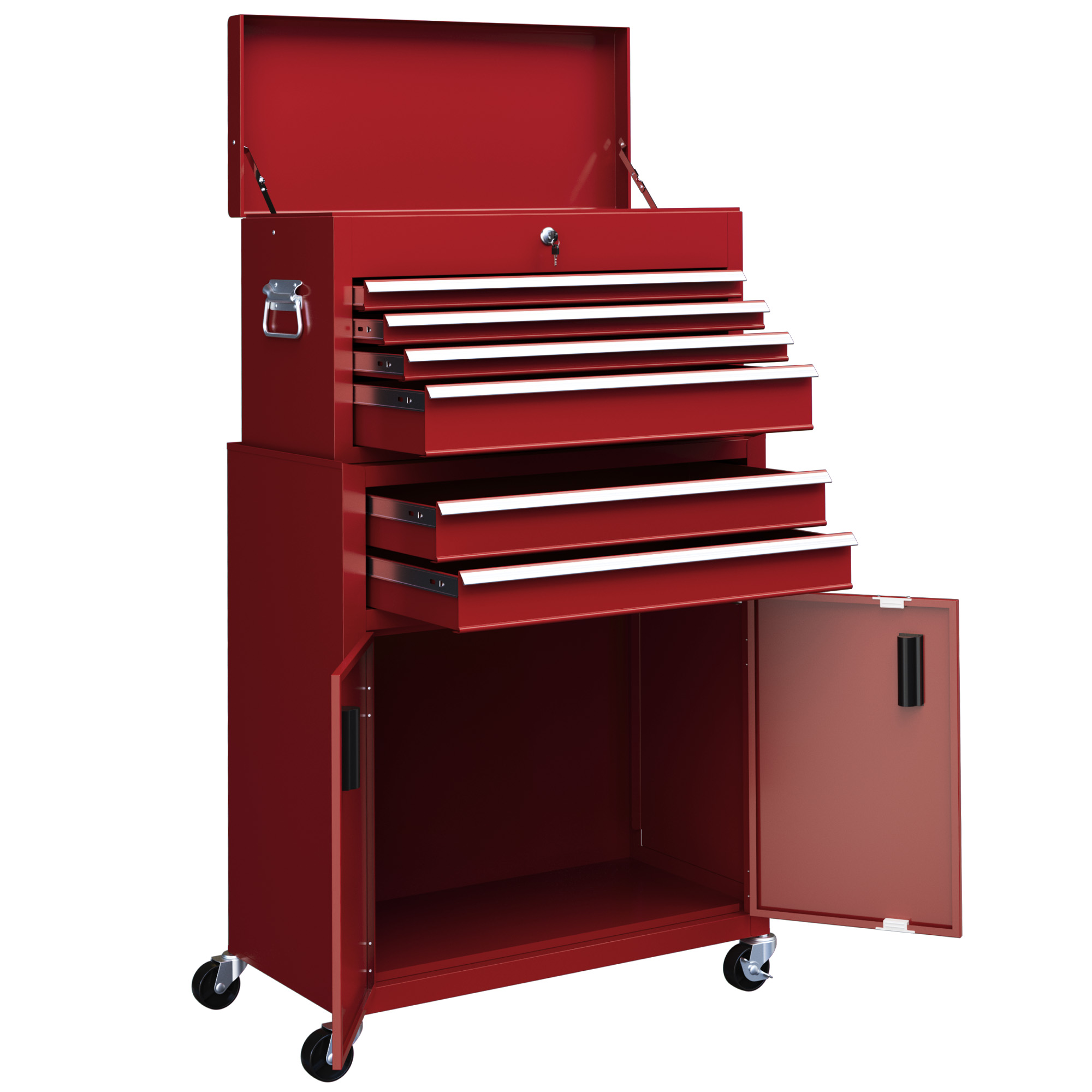 CoSoTower 6-Drawer Rolling Tool Chest, 2 in 1 Lockable Storage Cabinet with Hooks, Metal Tool Box for Garage, Workshop, Red