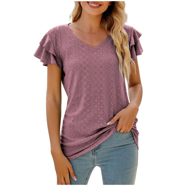 RKSTN Womens Tops Fashion Mesh Breathable Short Sleeve V-Neck Blouse Tops Comfortable Temperament Solid Color Tops
