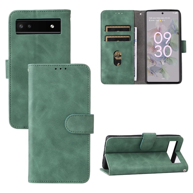 For Google Pixel 6A PU Leather Flip Case Card Slots Holder Kickstand Book Folding Folio Cover-Green