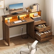 Bestier 55 inch Computer Desk with Power Outlets & LED Lights, Home Office Desk with Monitor Stand, Printer Shelf & Locking File Drawer, Large Gaming Desk with Storage, Walnut