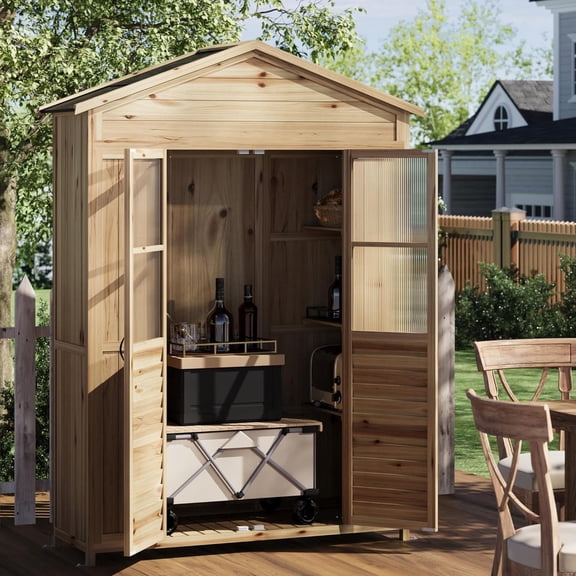 Rangement Extérieur en Bois Résistant aux Intempéries – Armoire de Patio en Bois de Sapin avec Toit Imperméable, 6 Tablettes Ajustables, 4 Piquets, 2 Trousses Antichute – Idéal pour Outils de Jardin, Équipement de Cour