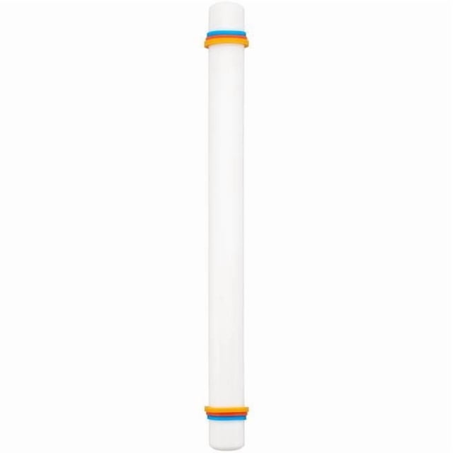 Wilton Large Fondant Roller with Guide Rings, a 20 in. white plastic rolling pin with three pairs of colour-coded rubber guide rings in gold, orange, and blue for consistent thickness, ideal for rolling large fondant pieces and pastry dough.