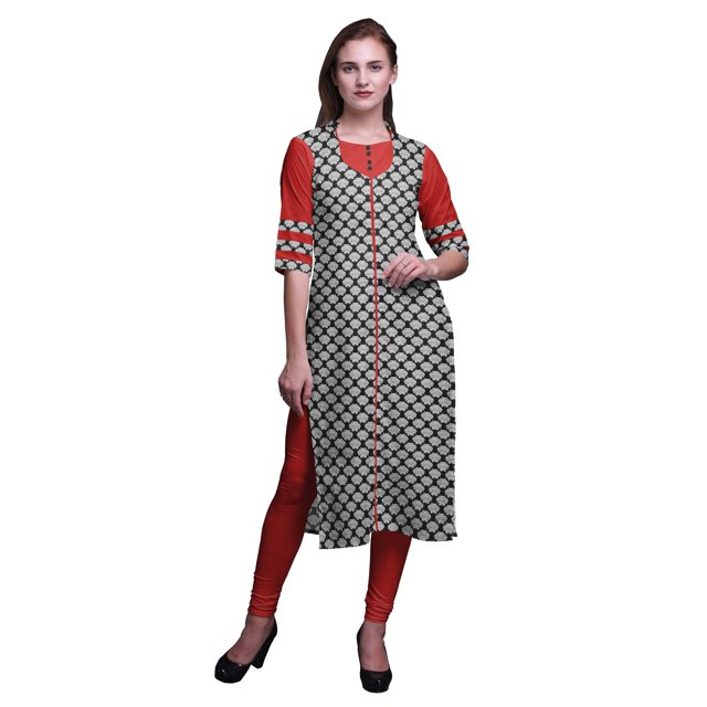 Bimba Kurti Longue Droite pour Femmes Imprimée Indienne en Rayonne Slub Tunique à Manches 3/4