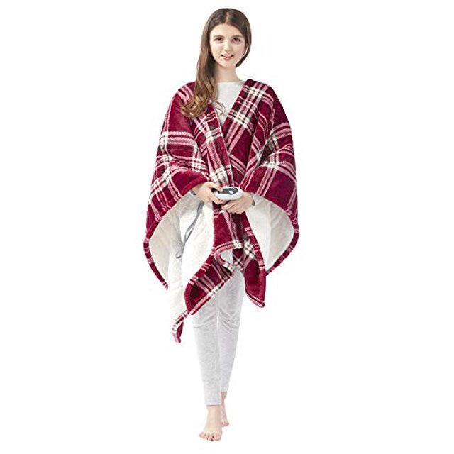 Beautyrest Poncho-Couverture Électrique en Molleton Sherpa Berbère Ultra Doux, Jeté Chauffant avec Arrêt Automatique, 50 Pouces L x 64 Pouces H, Carreaux Rouges