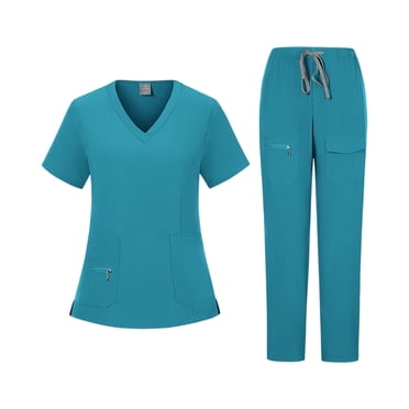 Ktyne Ensemble de Sarraus pour Femmes m Uniforme d'Infirmière Extensible à Manches Courtes Sarrau et Pantalon Jogger de Yoga Tenue de Sarrau de Couleur Unie avec Multiples Poches Turquoise m