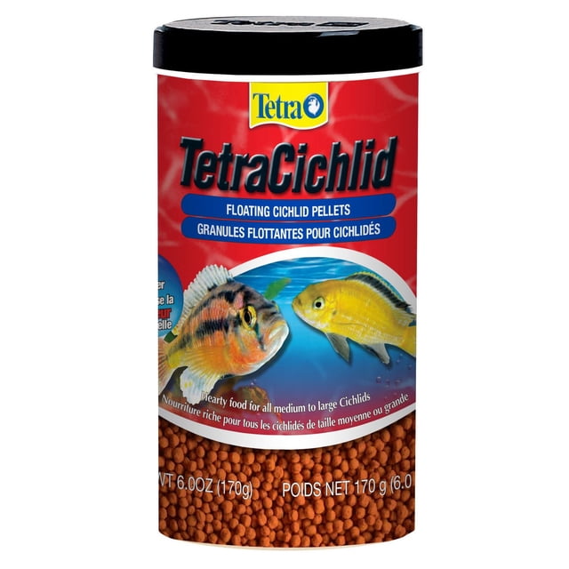 Tetra Cichlid Floating Fish Food Medium to Large container with clear bottom showing floating pellets, red label featuring two colorful cichlid fish and bilingual text. Designed for top- and mid-water feeding cichlids, this hearty pellet food supports immune system health and optimal vitality.