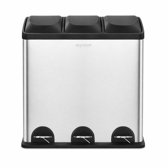 Step N’ Sort poubelle 60 L à 3 compartiments – système de tri cuisine (déchets, recyclage et compost), pédales mains libres, acier inoxydable avec bacs amovibles