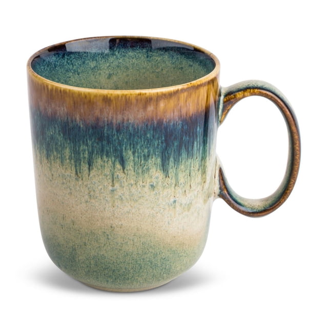 Yellowstone Ceramic Mug, Kayce Collection featuring a reactive glaze with earthy green and brown gradient, ergonomic handle, durable stoneware construction, microwave and dishwasher safe, ideal for coffee or tea and casual entertaining.