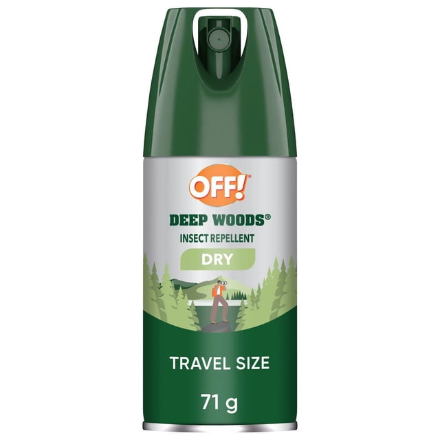 OFF! Deep Woods Insect Repellent Dry Formula travel size aerosol spray can with green cap and label depicting a hiker in a forest, 71 g, providing long-lasting, powder-dry protection against mosquitoes, ticks, and biting insects for outdoor activities.