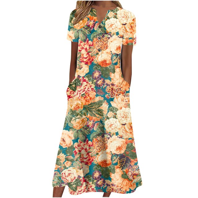 Cameland Robe d'Été pour Femme Décontractée à Col en V avec Boutons, Manches Courtes, Imprimée, Coupe Évasée, avec Poche